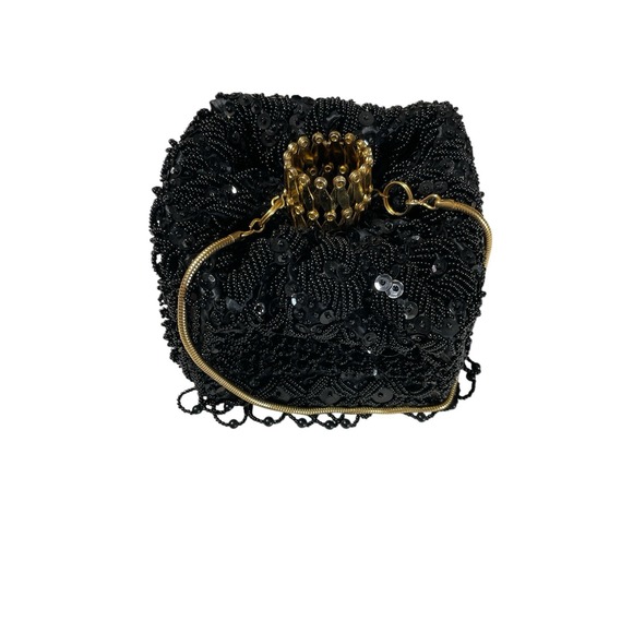 Vintage Flapper Gold Accordion ClosureBlack Beaded Purse, Beaded Fringe, 1920\'s?